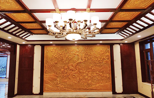 天长中式别墅客厅中式木作横梁吊顶装饰展示