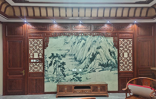 天长中式仿古别墅客厅背景墙花格木作装饰